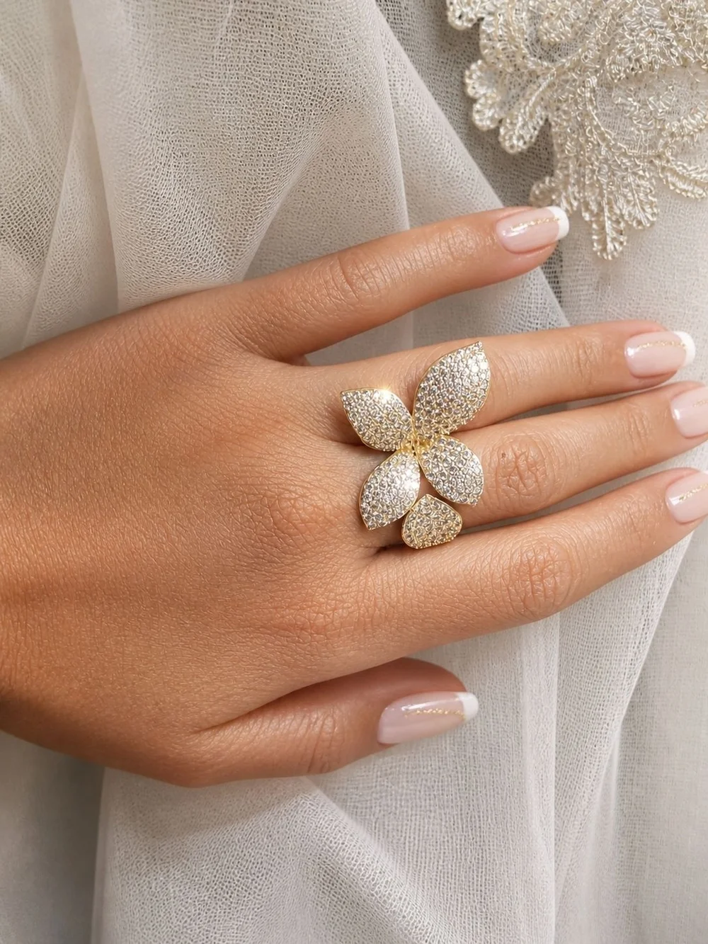 Gold Pavé Crystal Flower Statement Ring Oversized Floral Ring